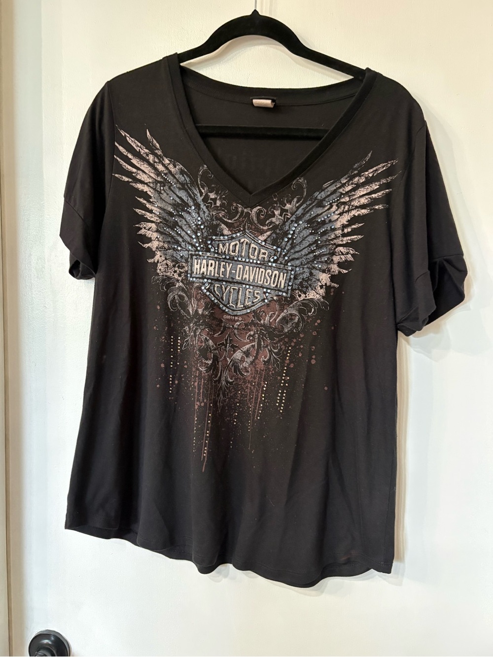 Harley-Davidson Black Graphic V-Neck Tee with Winged Shield